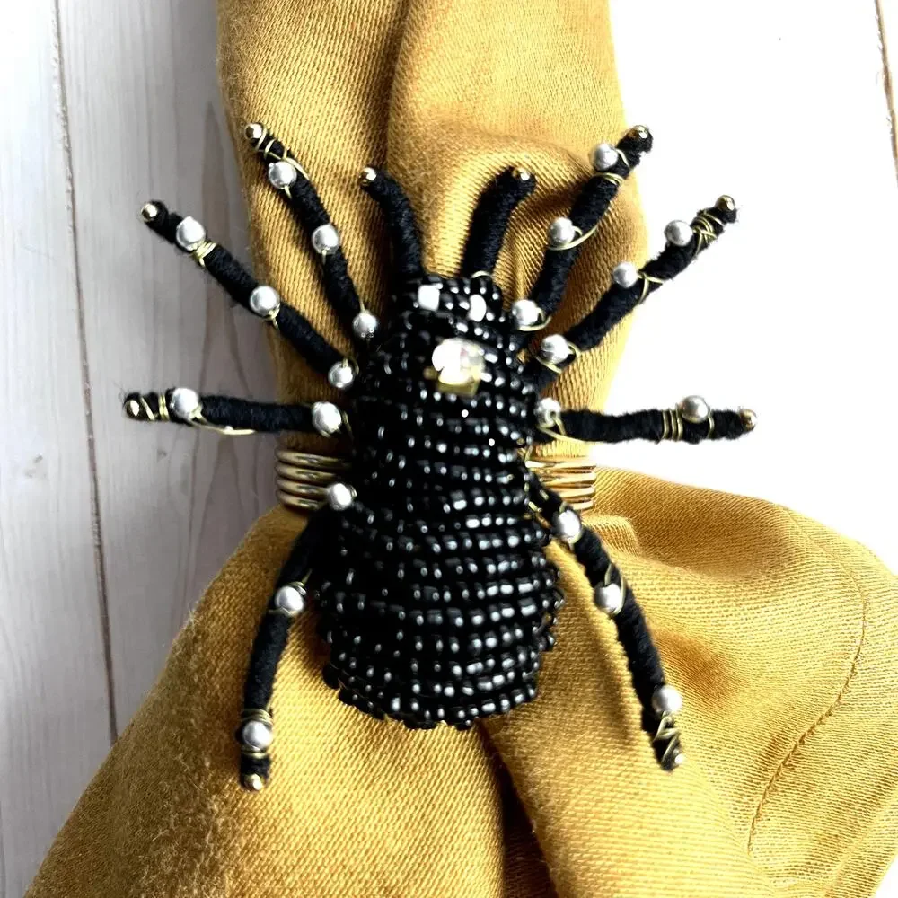 Set of 4 Black Widow Spider Beaded Napkin Rings Rhinestone Gold Halloween Glam